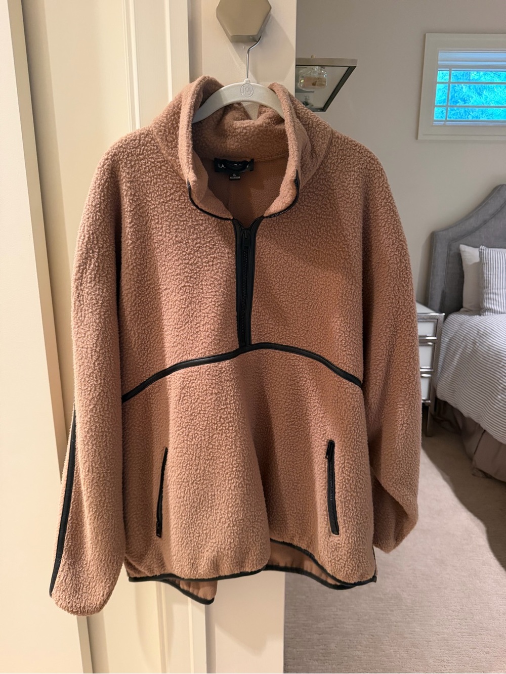 Lamarque Cozy Camel Sherpa Quarter Zip Jacket with Black Leather